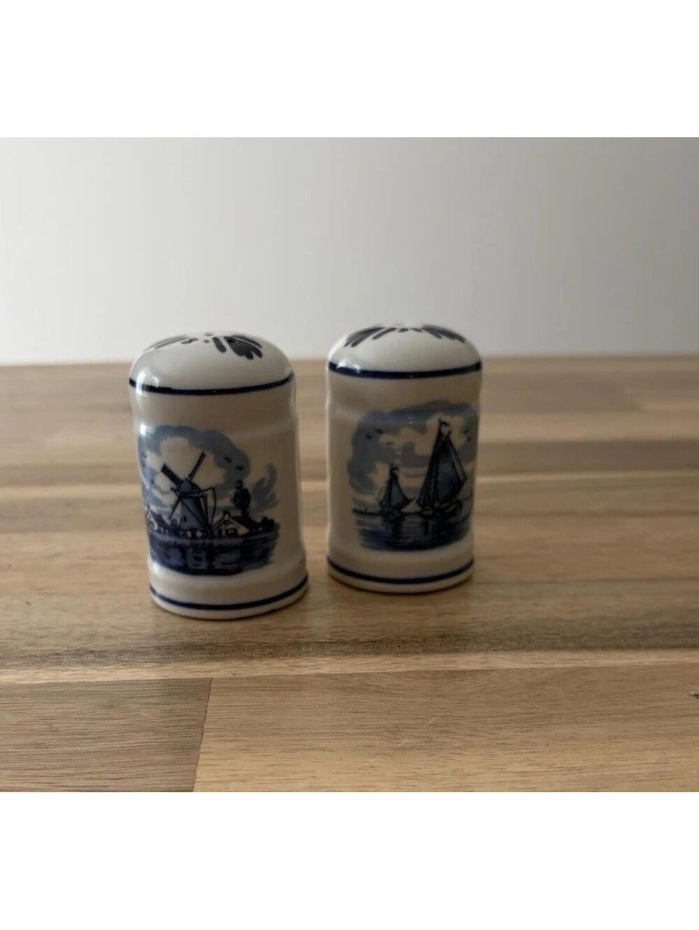 Delft Blue Salt Pepper Shakers Hand Painted Sailboat Holland Dutch Windmill 3”